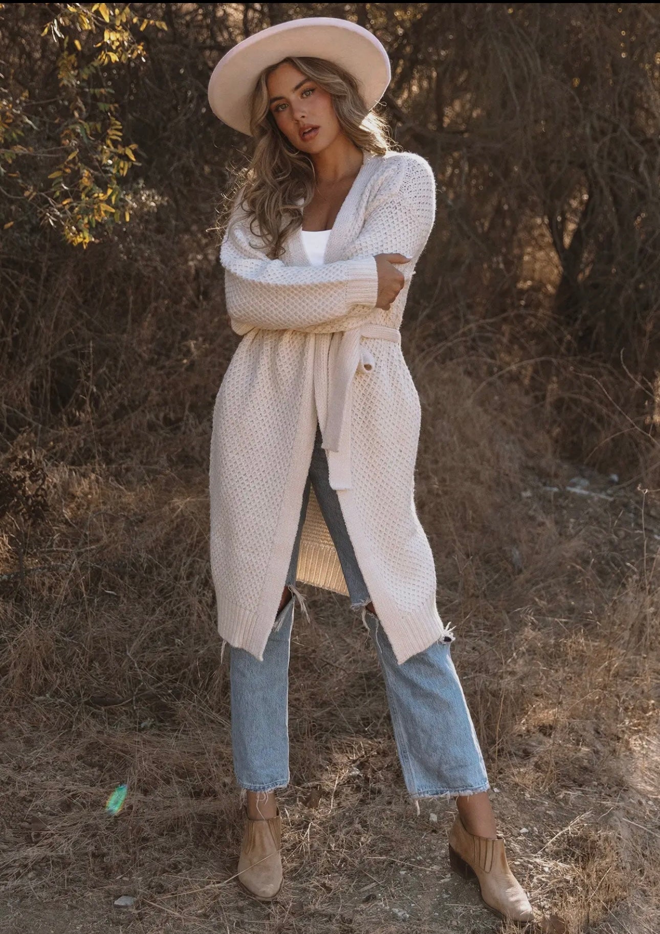 Cream Knit Mid Length Cardigan