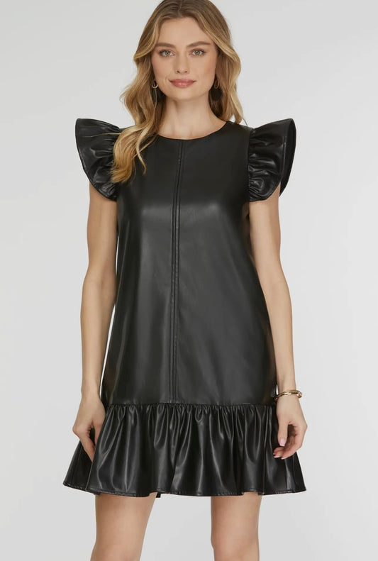 Faux Leather Ruffle Sleeve Mini Dress