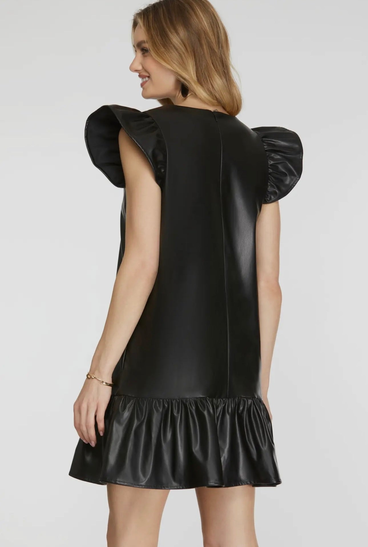 Faux Leather Ruffle Sleeve Mini Dress