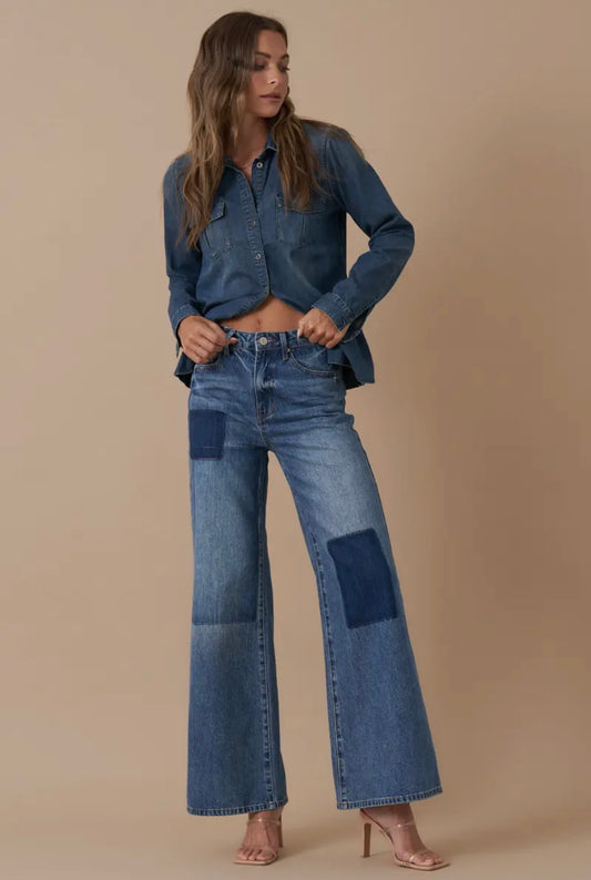 Cropped Patchwork Wide-Leg Denim Jeans