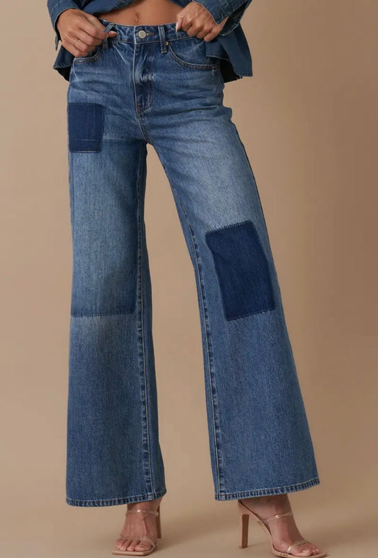 Cropped Patchwork Wide-Leg Denim Jeans