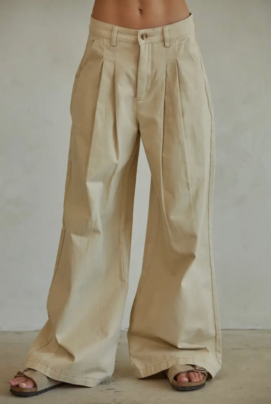 Twill Pleated Wide Leg Pants