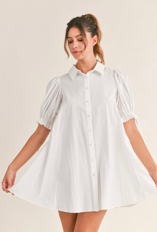 Cotton Poplin Ruffled Puff Sleeve Button Down Mini Dress